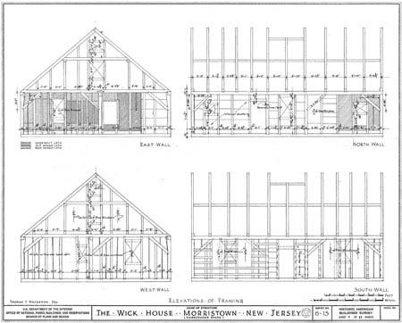 Timber frame drawing of teh Wick House in Morristown, New Jersey