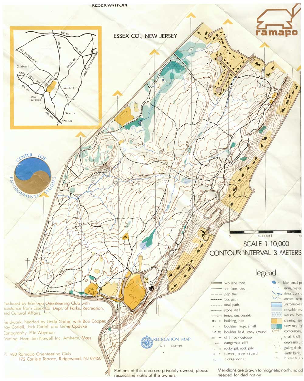 Recreational map of Eagle Rock Reservation by the Ramapo Orienteering Club, June 1980